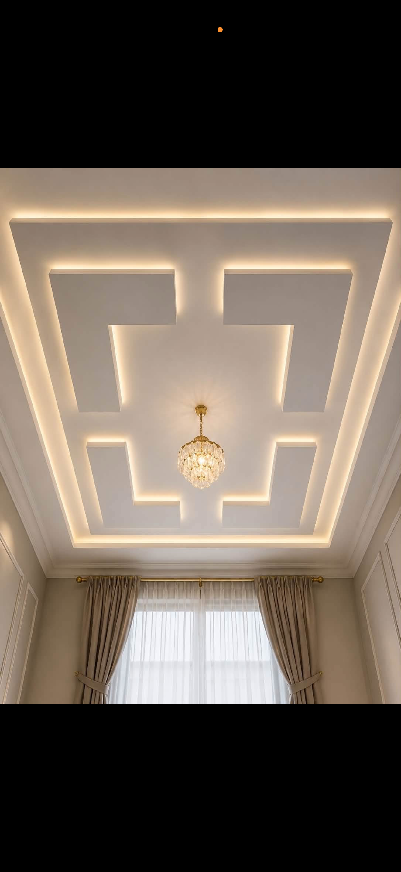 Elegant coffered drywall ceiling with a Greek-key stepped pattern, warm LED cove lighting and a crystal pendant above a curtained window