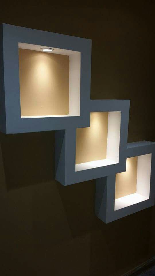 Interlocking illuminated drywall shadow boxes and recessed display niches