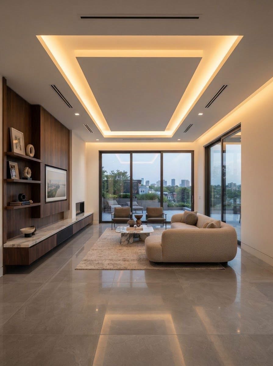 Modern living room drywall build-out with a tray ceiling and recessed lighting